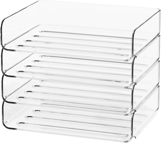 4-Tier Acrylic Paper Tray Organizer - Low-Profile Desk File Sorter for Office/Home, Clear Stackable Letter Tray for Bills, Crafts, Notebooks