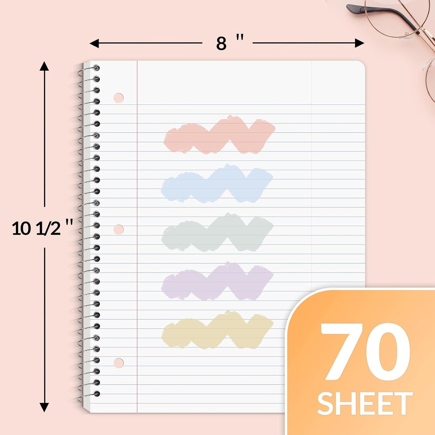 SUNEE Spiral Notebooks, 6 Pack, 1-Subject, College Ruled Paper, 8" x 10-1/2", 70 Sheets per Notebook, Assorted Pastel Colors Spiral Notebooks for School