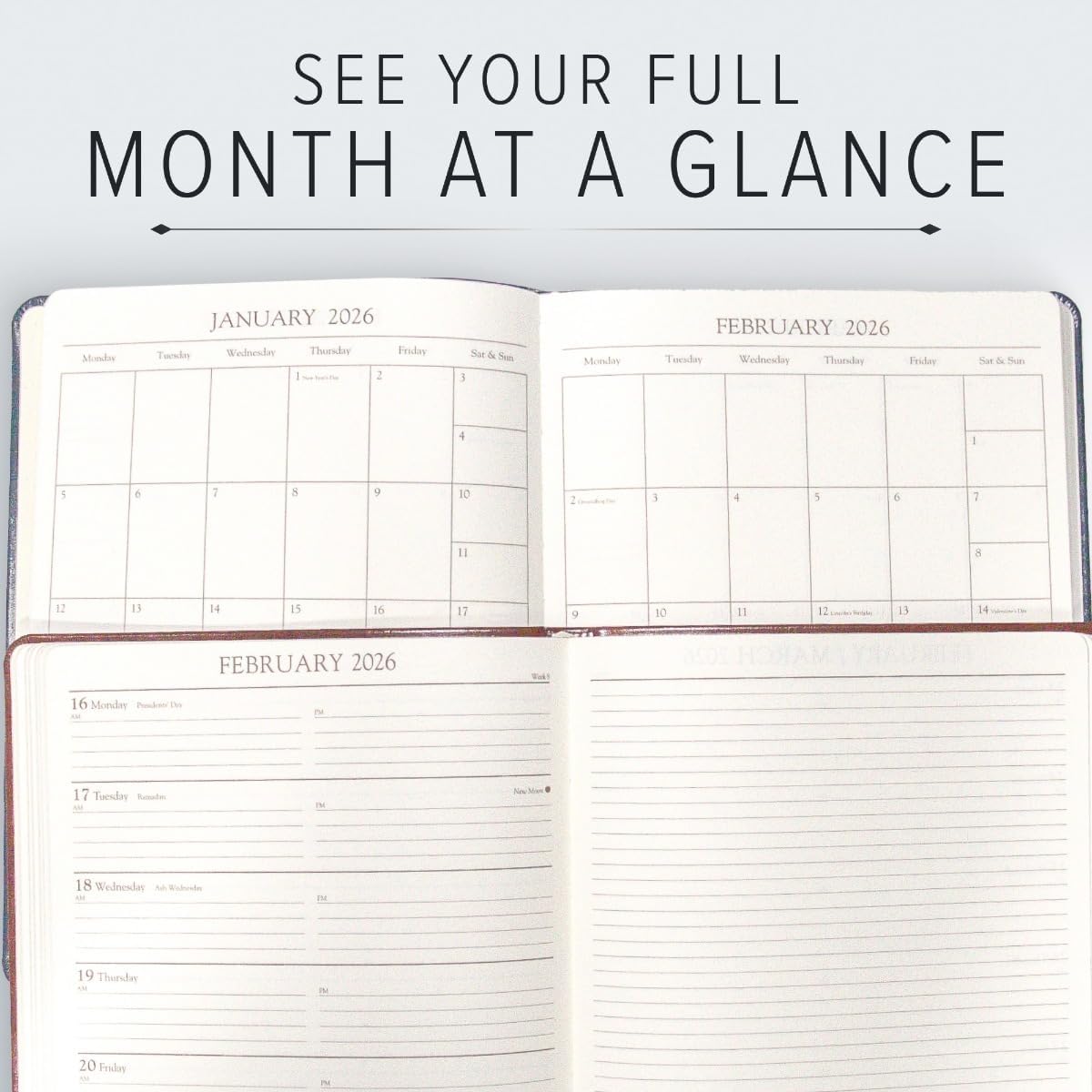 Gallery Leather Academic Planner 2025-2026, Teacher and Student Weekly Monthly Planner, Elegantly Bound Calendar with Gold-Gilded Page Edges, 18 Months - Acadia Hope - 9x7"