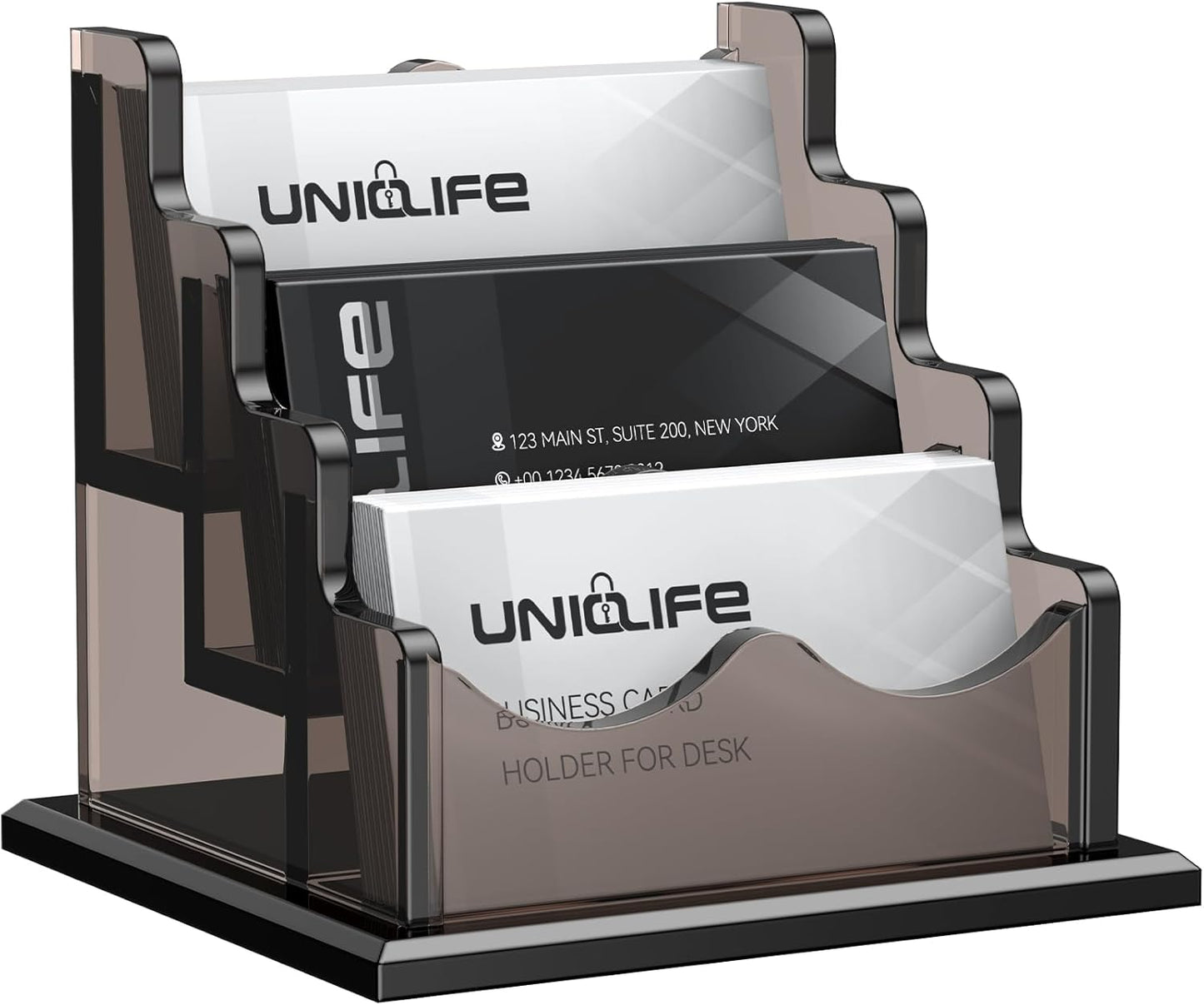 Uniclife Acrylic Business Card Holder for Desk 3 Slots Horizontal Business Card Display Stand for Men and Women Desktop Name Card Organizer Card Stand for Office Home, 180 Card Capacity, Black