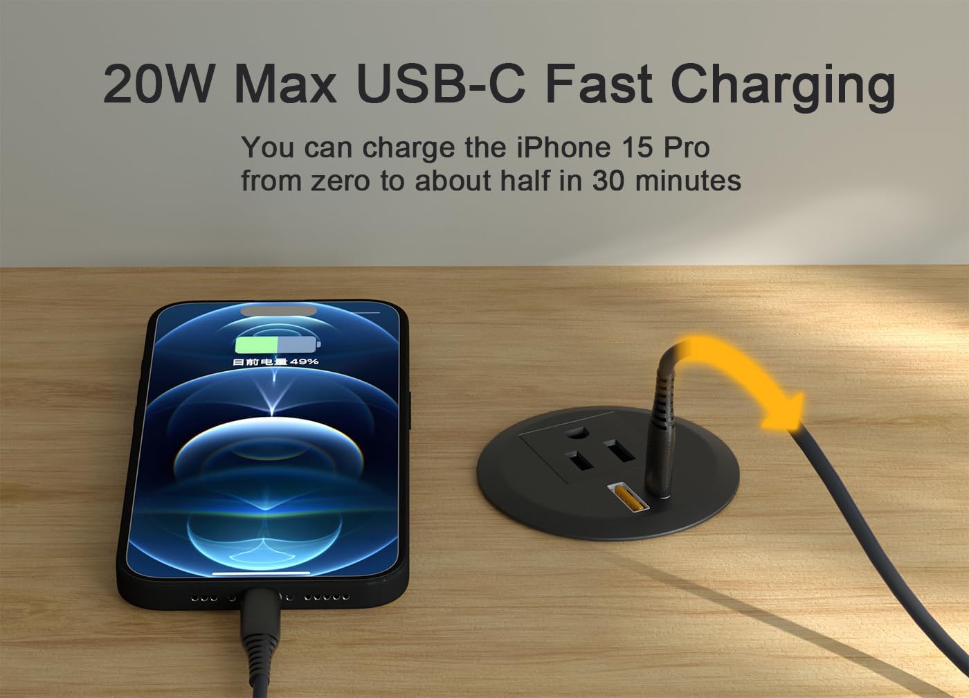 2pcs Desktop Power Grommet,2-inch Hole,20W USB C Fast Charging,2-USB Port,Flush Mount,Flat Plug,6.4 ft Cord,Black