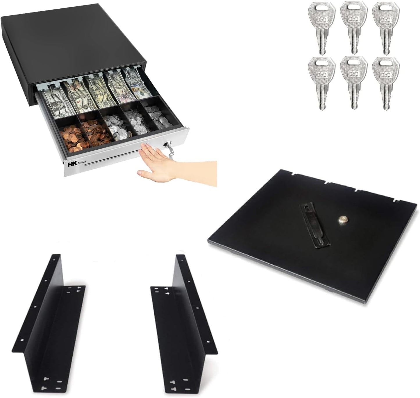 HK SYSTEMS 16" Heavy Duty Black"Push" Open Cash Drawer, 5B5C with Under Counter Mounting Metal Bracket and Till Cover