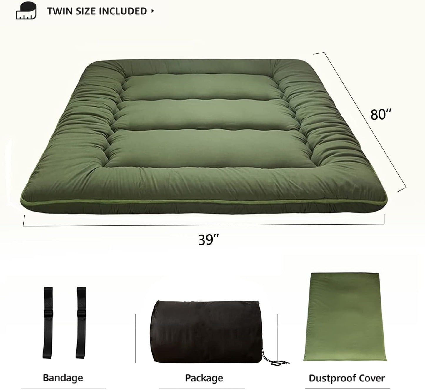 MAXYOYO Japanese Futon Mattress Twin Size Floor Mattress, Thicken Tatami Mat Sleeping Pad Roll Up Mattress Floor Bed Folding Couch Bed Mattress Pad for Guest Room, Green, Twin