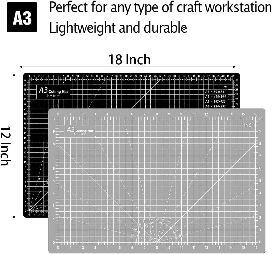 Headley Tools 18"x12" Thickened Self Healing Cutting Mat, A3 Rotary Cutting Sewing Mat for Crafts, Double Sided 5-Ply Table Cutting Board for Fabric Quilting Leather Hobby Project, Grey/Black