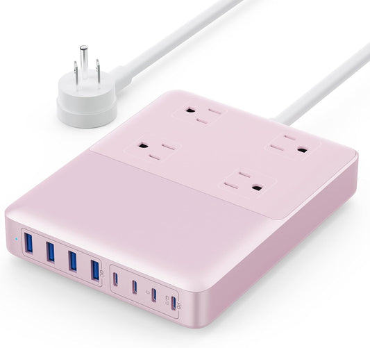 12-in-1 Charging Station USB C Power Strip with 5ft Cord,200W GaN IV USB C Charger Block,4 AC Outlets,4 USB-A,4 USB-C for MacBook,iPhone 16/15/14,Fast Charging Desktop Charger for Office (Pink)
