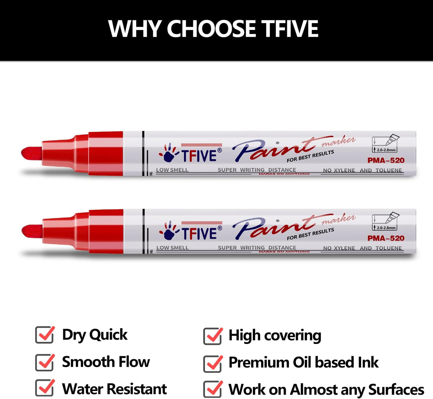 TFIVE Red Permanent Paint Marker Pens - 2 Count Oil Based Marker Pen, Medium Tip, Waterproof & Quick Dry, for Office, Art projects, Rock Painting, Ceramic, Glass, Wood, Plastic, Metal, Canvas