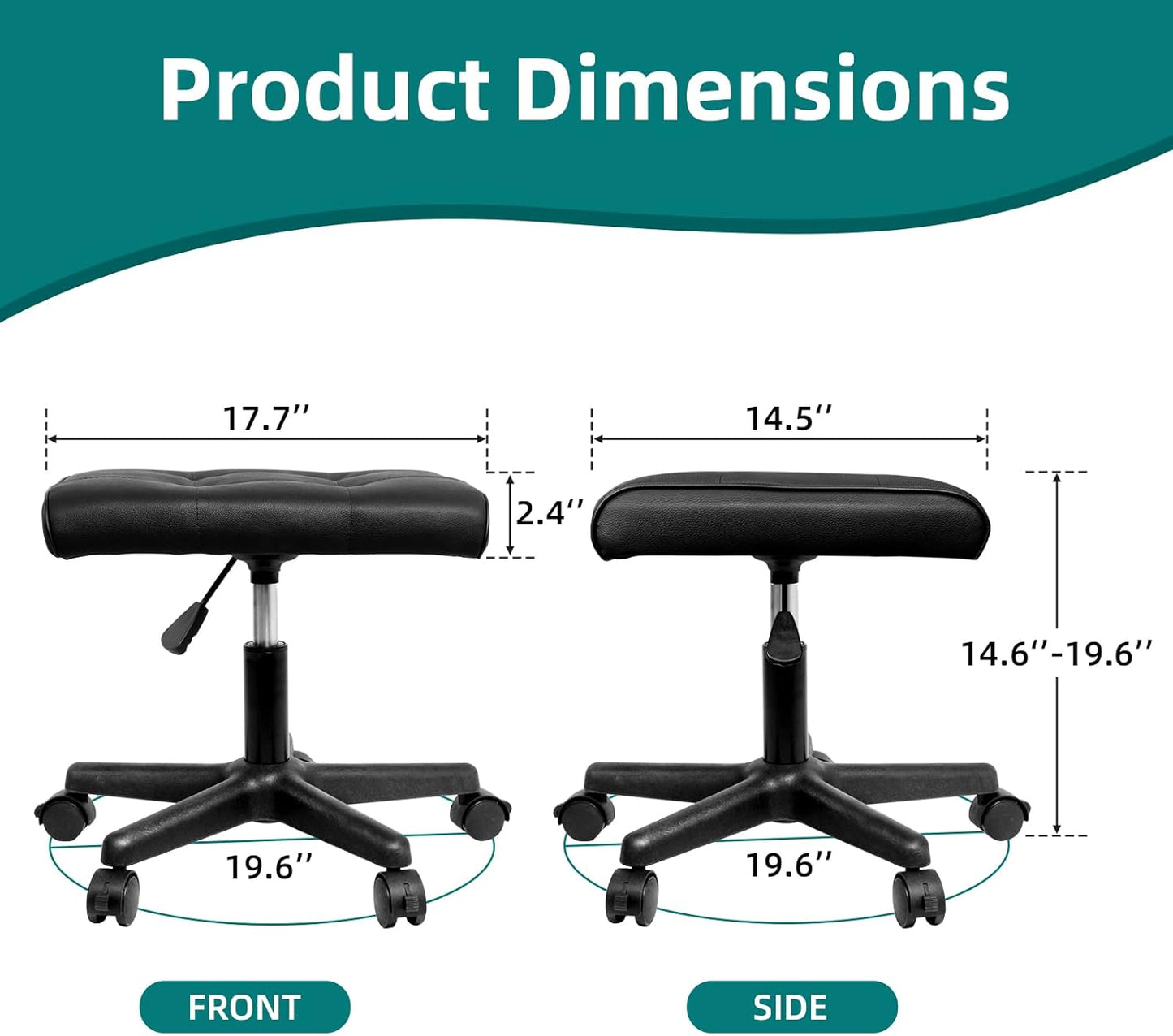 Real Leather Tall Foot Stool, Adjustable Leg Rest Ottoman Footrest with Wheels & Thick Padding, Ergonomic Footrest for Office & Gaming Chairs - Height 14.6-19.6 Inch, Lockable 360-Degree Casters