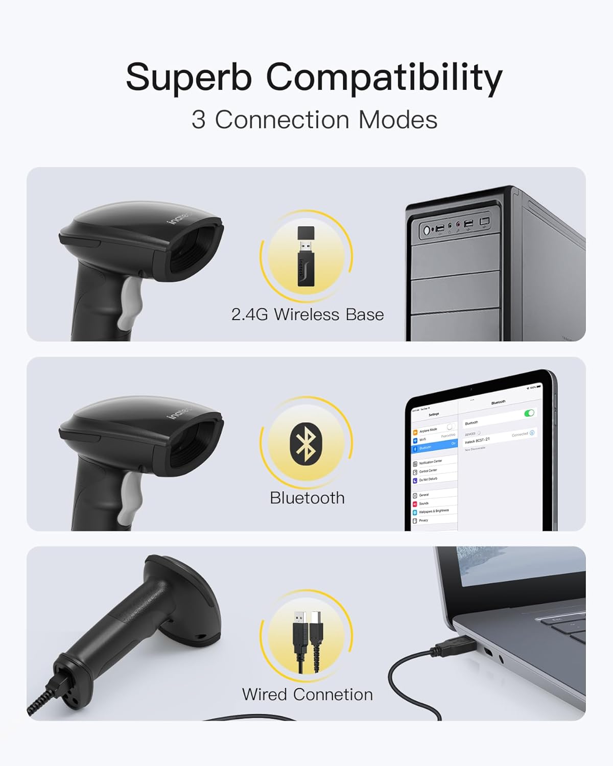 Inateck 2D Barcode Scanner with Intelligent Stand, Wireless QR Code Scanner, Handheld Scanner with APP and SDK, 2D Imager with 2600mAh Battery, BCST-35 Dark Gray