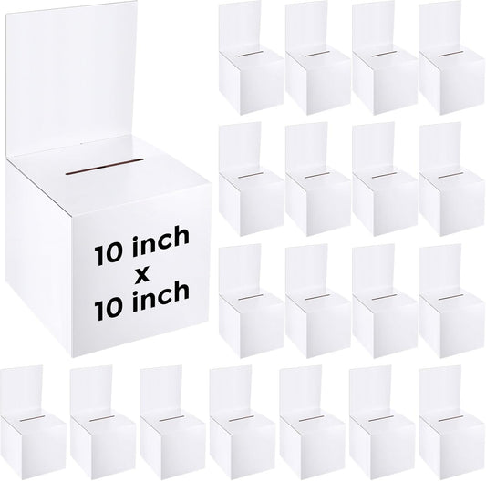 PerKoop 20 Pcs Extra Large Raffle Ticket Box, 10 x 10 x 10 Inch Cardboard Ballot Box with Slot, Large Suggestion Donation with Removable Header for Fundraising Ticket Collecting Voting Contest, White