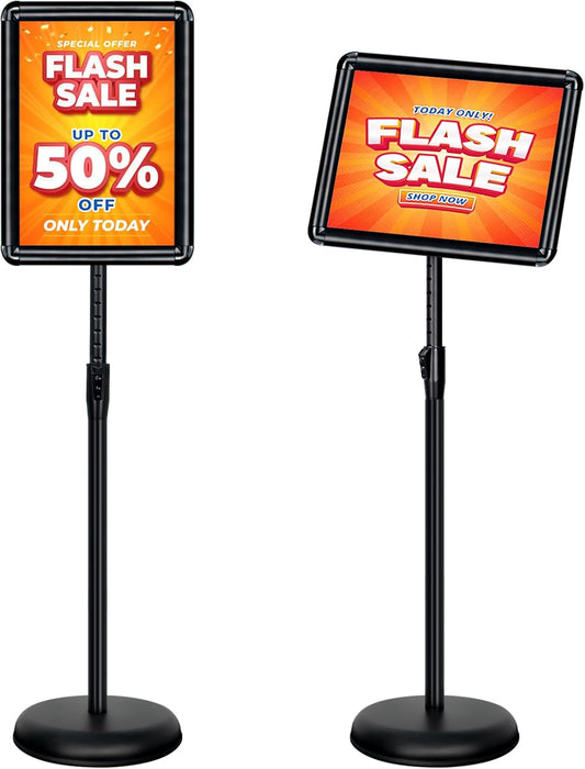 8.5x11 Inch Adjustable Pedestal Poster Sign Stand, Heavy Duty Floor Standing Sign Holder Stand Aluminum Snap Open Frame for Vertical and Horizontal View Sign Displayed (Black, Round)