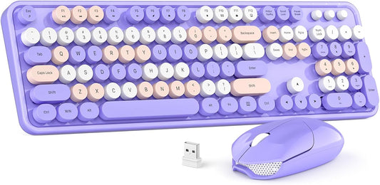 Wireless Keyboard and Mouse Combo, MOWUX Colorful Computer Full Size 2.4G Plug and Play Wireless Typewriter Keyboard and Mouse Set for Windows, Computer, Desktop, PC, Notebook (Purple Colorful)