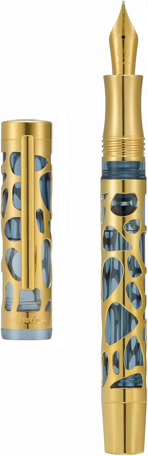 Asvine V169 Vacuum Filling Fountain Pen Extra Fine Nib, Water Drop Skeleton Gold Trim Transparent Gray Blue Acrylic Pen Case Set