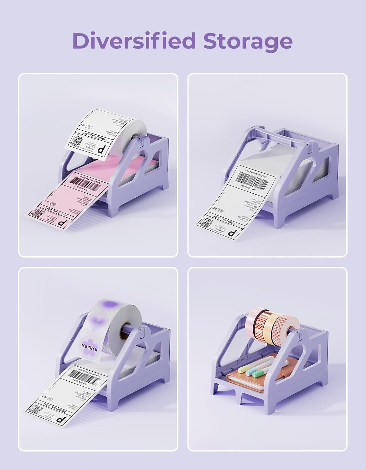 MUNBYN Label Holder for Rolls and Fan-Fold Labels, Thermal Sticker Roll Holder for Desktop Thermal Printer Shipping Supplies Industrial Paper, Purple