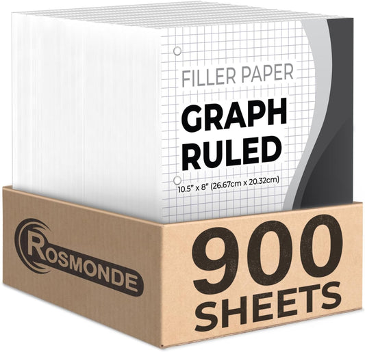 6 Pack Graph Paper, 900 Sheets, 4x4 Loose Leaf Paper, 8" x 10.5", 3 Hole Punched for Binders, Grid Paper, 54 GSM Thick Graphing Paper, Quad Ruled Paper, Notebook Paper for School & College