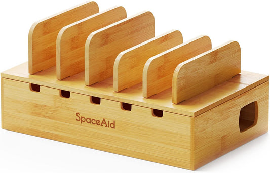 SpaceAid Bamboo Charging Station for Multiple Devices, Cell Phone Docking Stations for Multi Laptop, Tablets and iPads, Nightstand Bedside Desk Device Charger Organizer (Natural)