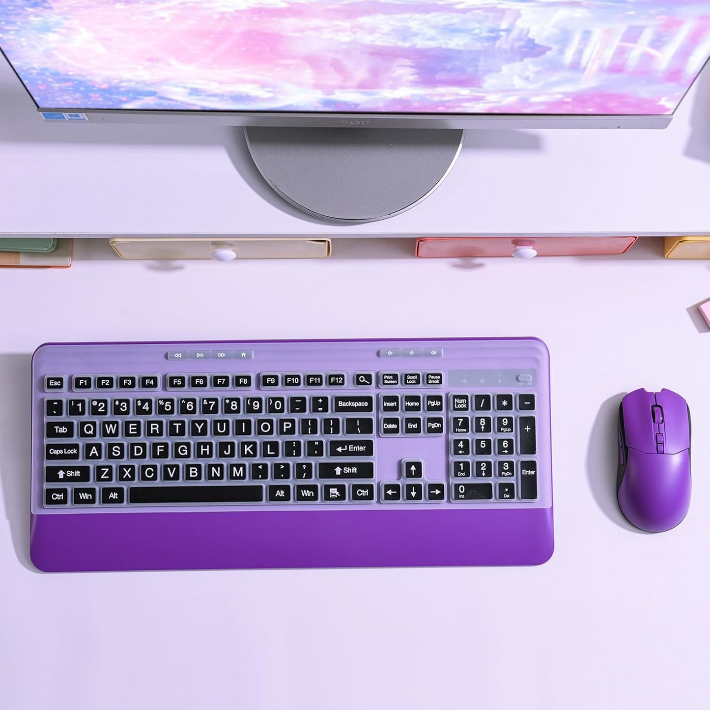 Silent Wireless Keyboard and Mouse Combo - Keyboard with Large Print Cover, 2.4GHz Full-Sized Ergonomic Keyboard with Wrist Rest and Mouse for Laptop, PC, Notebook, Desktop