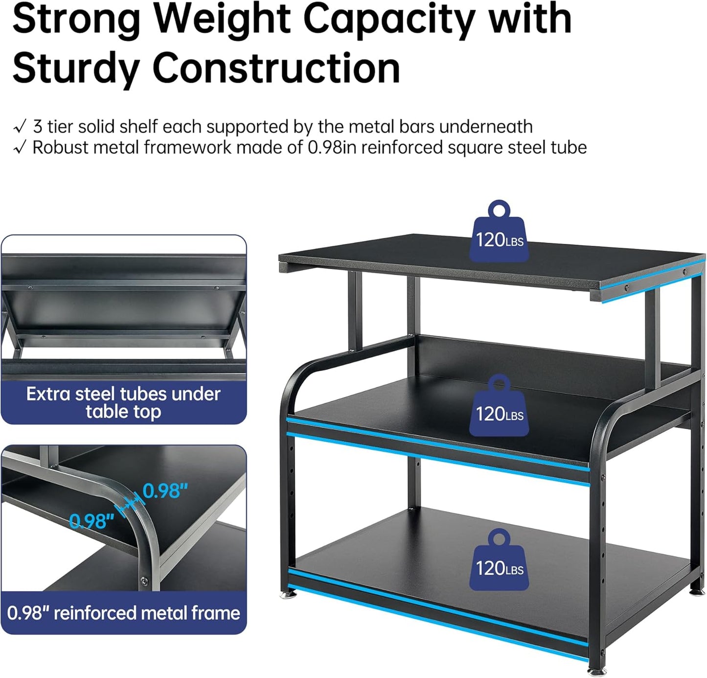 32.3" x 18.9" Extra Large Printer Stand Table with Adjustable Storage Shelf, 3 Tier Rolling Printer Cart with Industrial Wheels for Home Office, Black