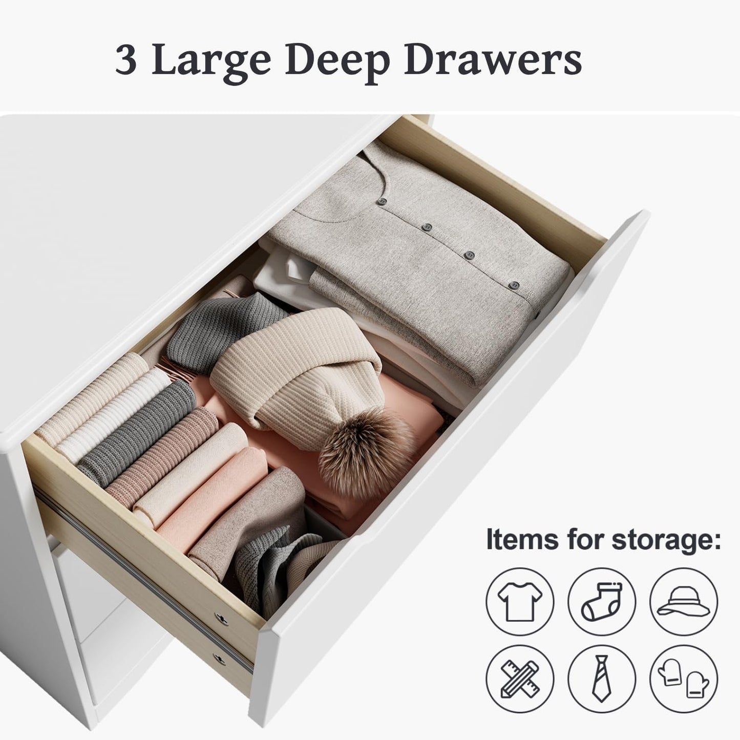 Gizoon 3 Drawers Chest, Bedroom Drawer Dresser with Large Storage Capacity, Embedded Handle, and Sturdy Anti-Tripping Device, Modern Design Cabinet for Hallway, Office, Living Room (White)