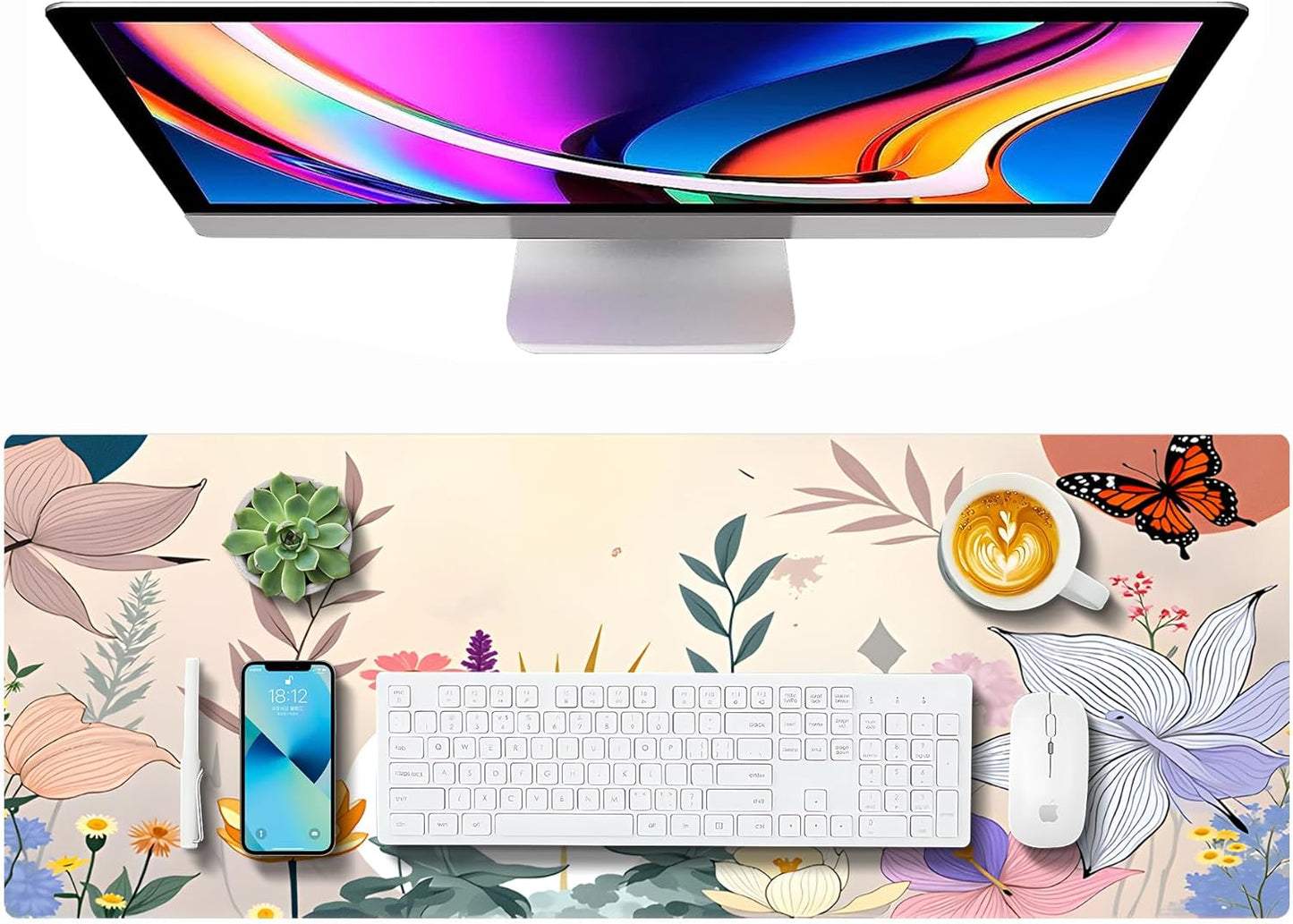 Large Gaming Mouse Pad (31.5"x11.8") - XXL PU Leather Waterproof Desk Mat with Non-Slip Rubber Base for Keyboard, PC & Office (Flower-Butterfly)