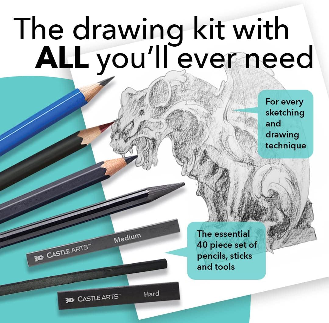 Castle Art Supplies 40 Piece Premium Drawing and Sketching Set with Tutorial | for Artists, Professionals or Beginners | Pencils, Charcoal, Graphite and More | in Neat Carry-Anywhere Zipper Case