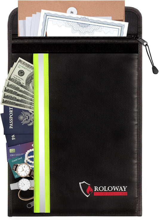 ROLOWAY Fireproof Envelope for Cash, Legal Documents Safe (15 x 11 inch) with 2 Pockets & Waterproof Zipper, Black