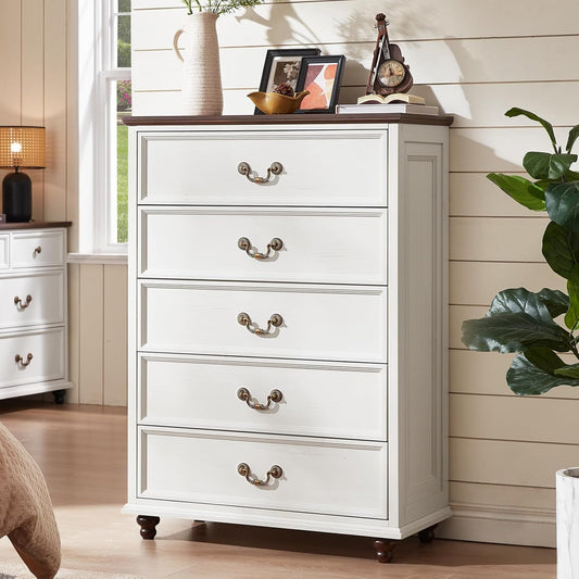 Farmhouse 5 Drawer Dresser for Bedroom, 45" Tall Rustic Chests of Drawers w/ 4 Solid Wood Feet, Mid Century Modern Wooden Closet Storage Dressers Organizer for Living Room, Hallway, White