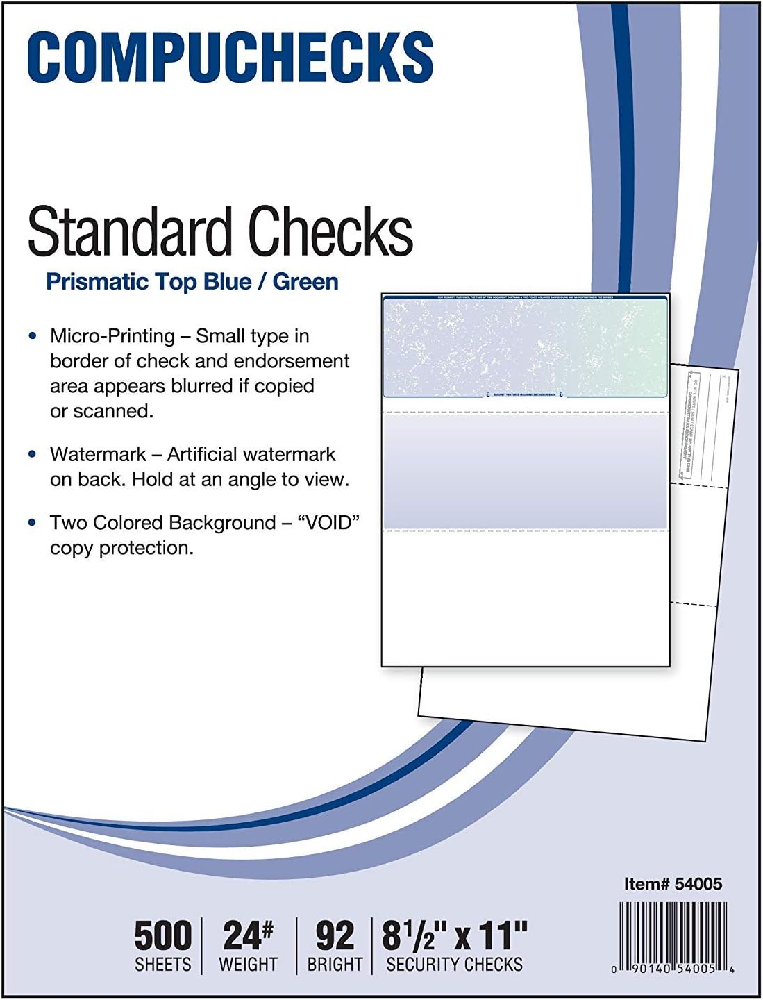 Compuchecks Check on Top Blank Check Paper - 500 Pack, Quick-Books & Laser Printer Compatible - Security Business Checks with Voucher - 8.5" x 11" Blue/Green Prismatic