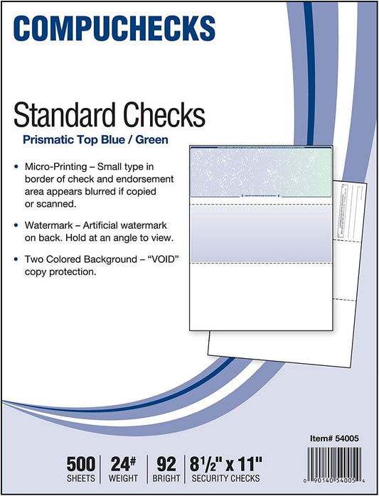 Compuchecks Check on Top Blank Check Paper - 500 Pack, Quick-Books & Laser Printer Compatible - Security Business Checks with Voucher - 8.5" x 11" Blue/Green Prismatic