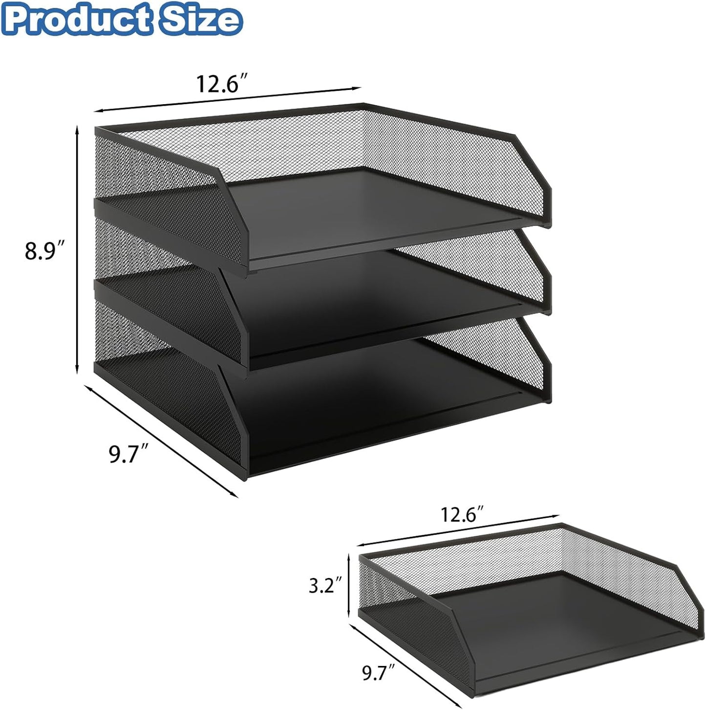 Natwind 3-Tier Stackable Paper Tray, Metal Mesh Desktop Organizer, A4 Desk Organizer, Stackable Letter Trays, File Folder Sorter Organizer with Sliding Tray for Home, Office, School (Black)