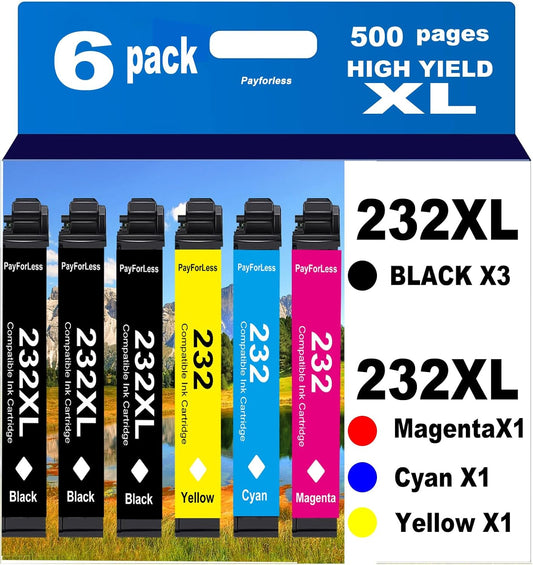 232XL Remanufactured for Epson 232XL Ink Cartridges Combo Pack 232XL T232 XL for XP-4200 XP-4205 Workforce WF-2930 WF-2950 Printer 6 Pack 3 Black 1 Cyan 1 Magenta 1 Yellow