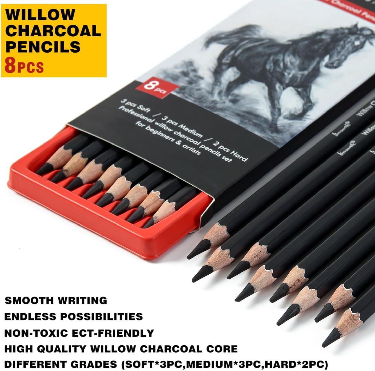 Professional Charcoal Pencils Drawing Set - 8 Pieces Soft Medium and Hard Willow Charcoal Pencils for Drawing, Sketching, Shading