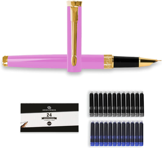 Dryden Designs Fine Nib Fountain Pen - Includes 24 Ink Cartridges - 12 Black and 12 Blue - Pink - Smooth Elegant Writing with Fine Nib and Ink Converters