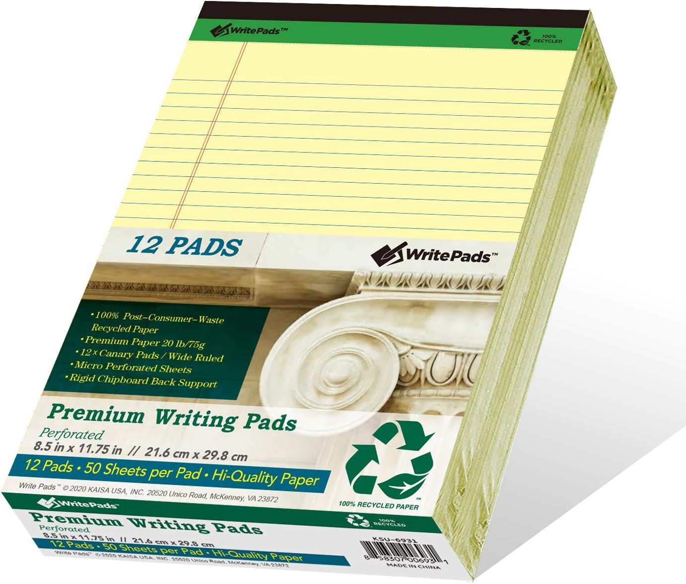 KAISA Premium Legal Pads Writing Pads Notepads With Rigid Chipboard Back Support, 8.5x11 inch Wide Ruled, Perforated 20lb Recycled Paper Pads 50sheets/Pad, Canary 12pad, KSU-6931