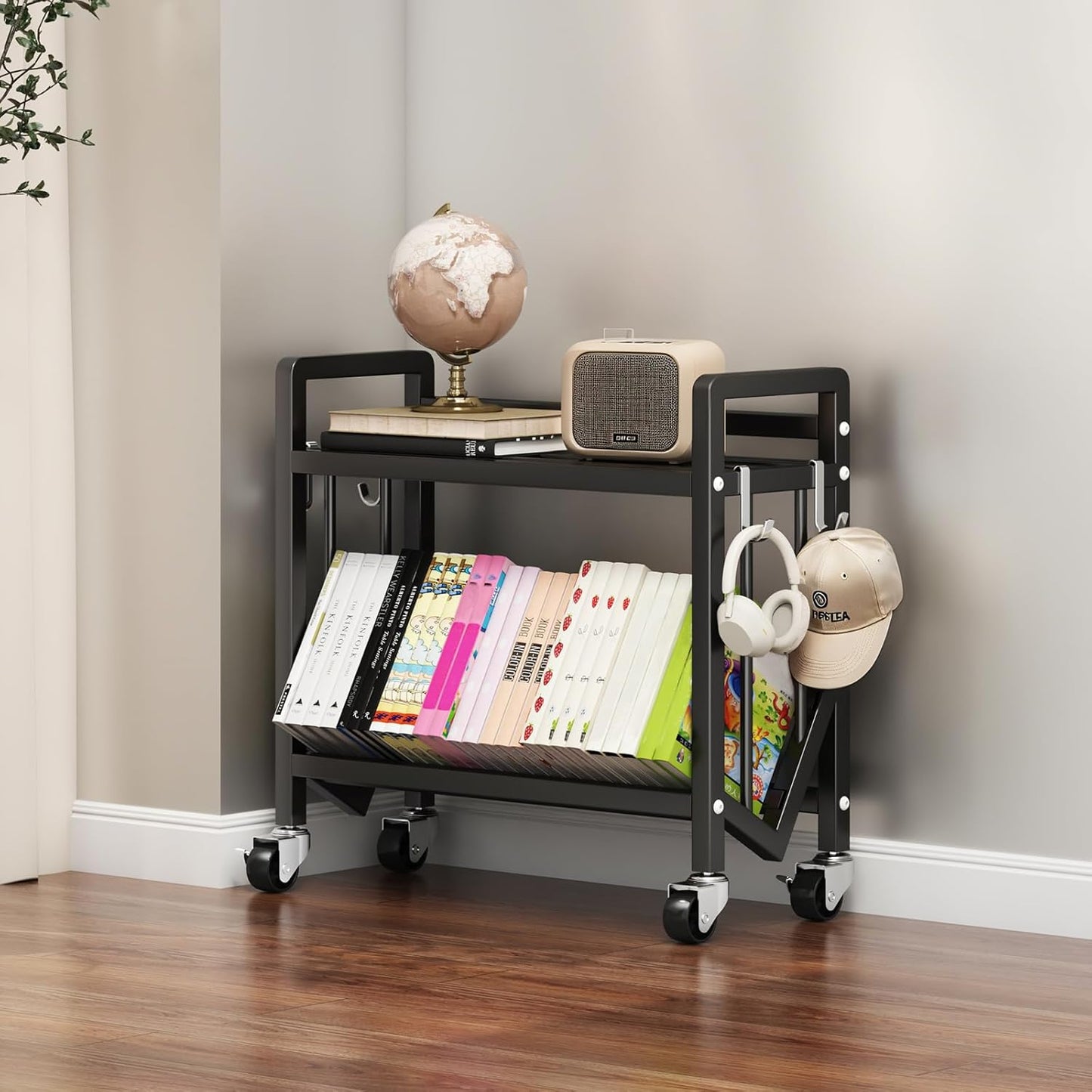 Bookshelf Movable Book Cart Multi-Layer Storage Rack Large-Capacity Rolling Cart L-Shaped Carbon Steel Shelf Suitable for Storing Books, Magazines, Newspapers, Shoes