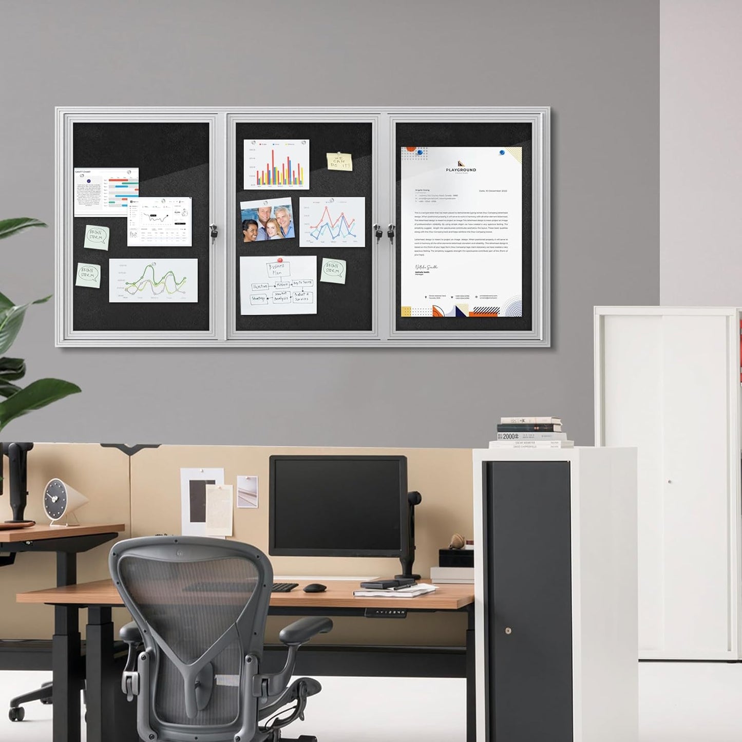 70"x34" Enclosed Bulletin Board, Outdoor Lockable Weather-Resistant Aluminum Cork Noticeboard for School & Office, Silver Frame w/Black Flet