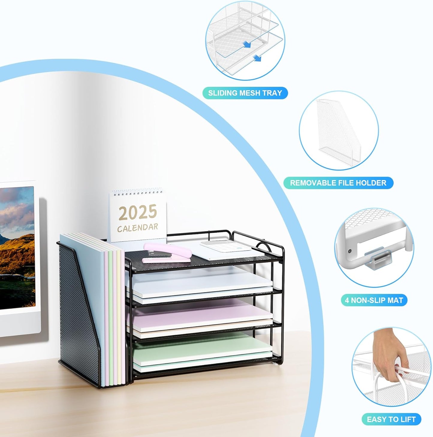 Spacrea Desk Organizers and Accessories, Paper Organizer for Desk with File Organizer, Desk Accessories & Workspace Organizers for Office Supplies (Black)