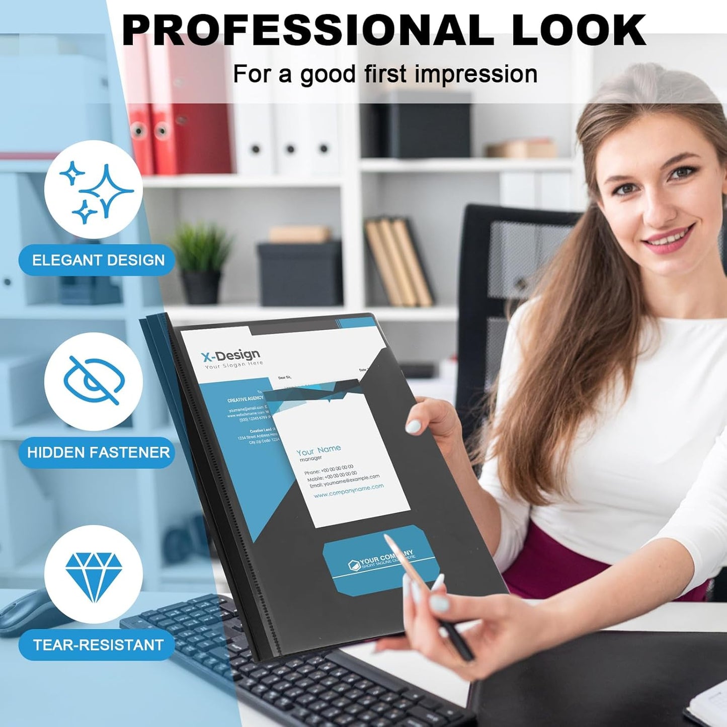 Teling 48 Pack Clear Front Report Covers with 3 Prongs Fasteners, 11.42 x 9.45 Inch Plastic Presentation Folders Bulk, 90 Sheet Capacity, Book File Covers for Office School Business, Black