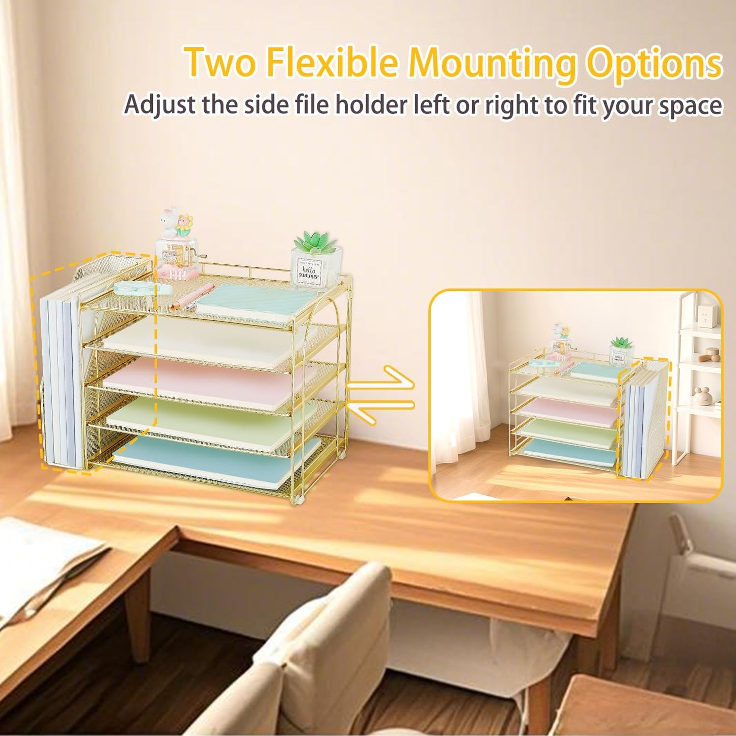 AUPSEN Gold Desk Accessories Organizer,5-Tier Letter Tray Paper Organizer with Adjustable File Holder, Desktop Office Desk Accessories for Office Supplies