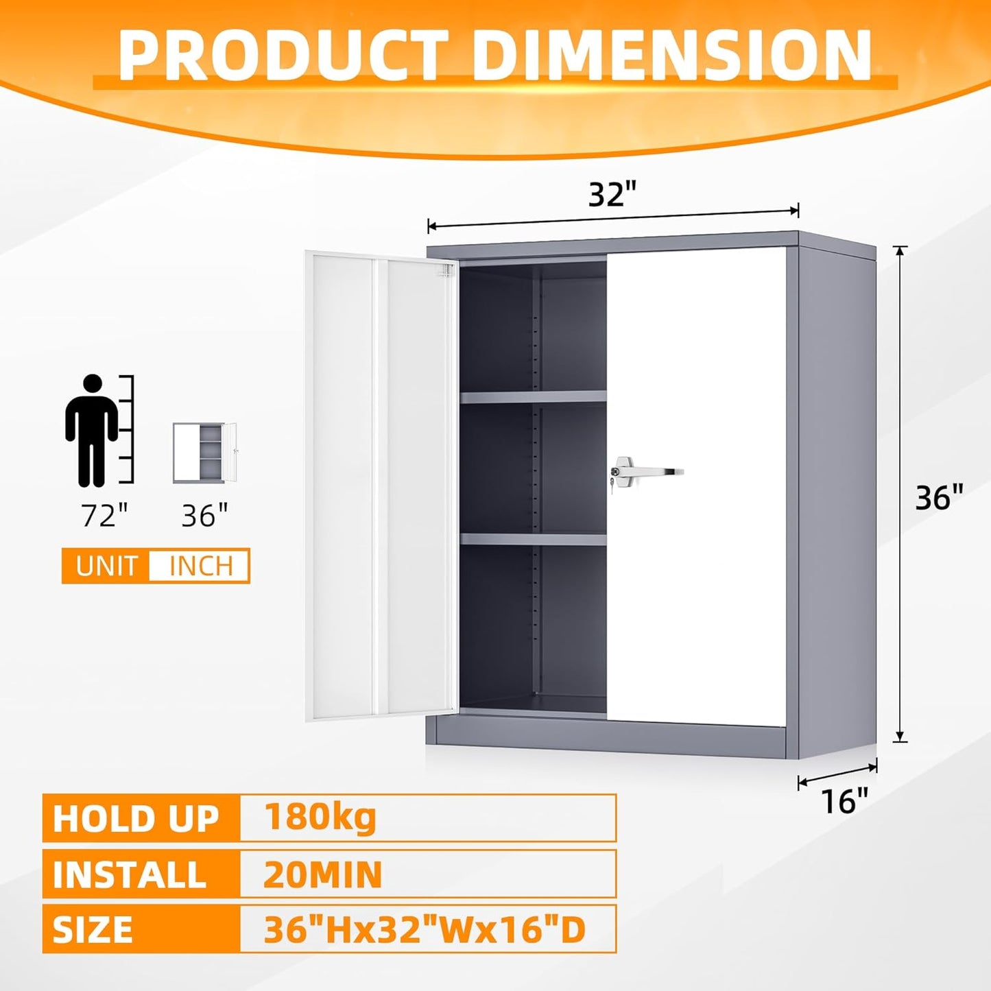 INTERGREAT Metal Cabinet with Lock, Lockable Metal Storage Cabinets with Doors and Shelves for Garage, Grey White Locking Garage Storage Cabinets 36"×32"×16"
