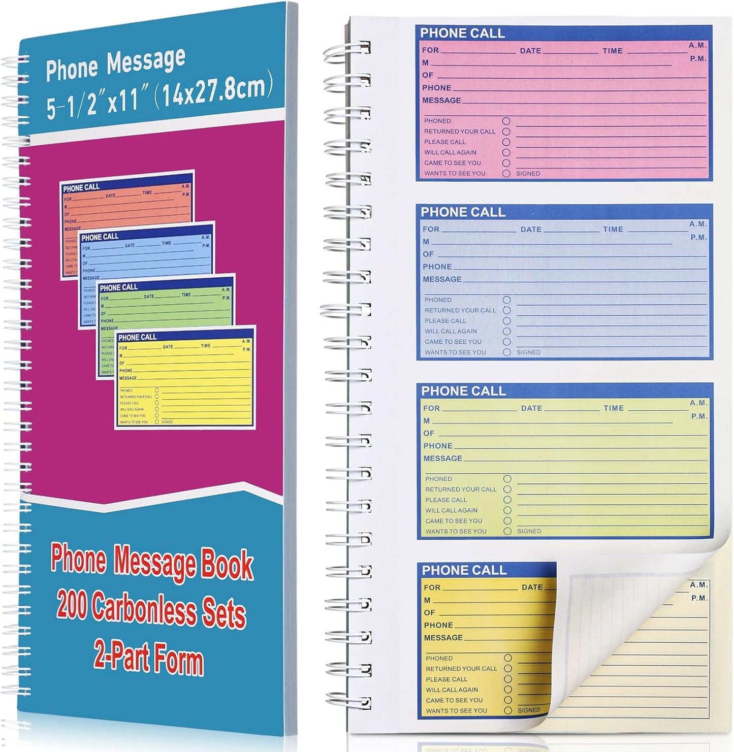 Sinmoe 1 Pcs Spiral Bound Phone Message Book with Carbon Copy 5-1/2" x 11" 2 Part Colorful Carbonless Telephone Message Pads Duplicate Spiral Phone Call Log Book for Business Office (Rose Red,Blue)