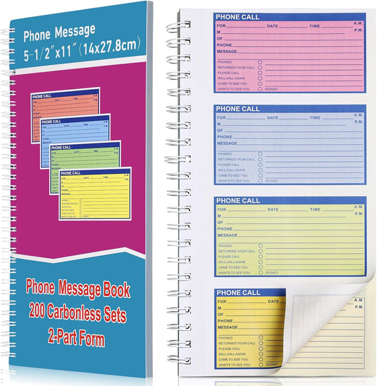Sinmoe 1 Pcs Spiral Bound Phone Message Book with Carbon Copy 5-1/2" x 11" 2 Part Colorful Carbonless Telephone Message Pads Duplicate Spiral Phone Call Log Book for Business Office (Rose Red,Blue)