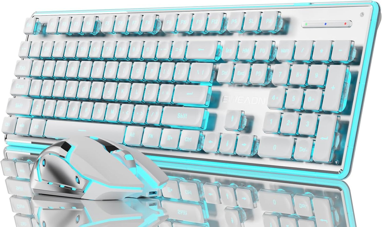 EWEADN V3 Wireless Keyboard and Mouse with Blue Backlit, Metal Panel, Bluetooth/2.4G Rechargeable Computer Keyboard and Mouse Combo Silent Lighted Full Size Cute Keyboards-White