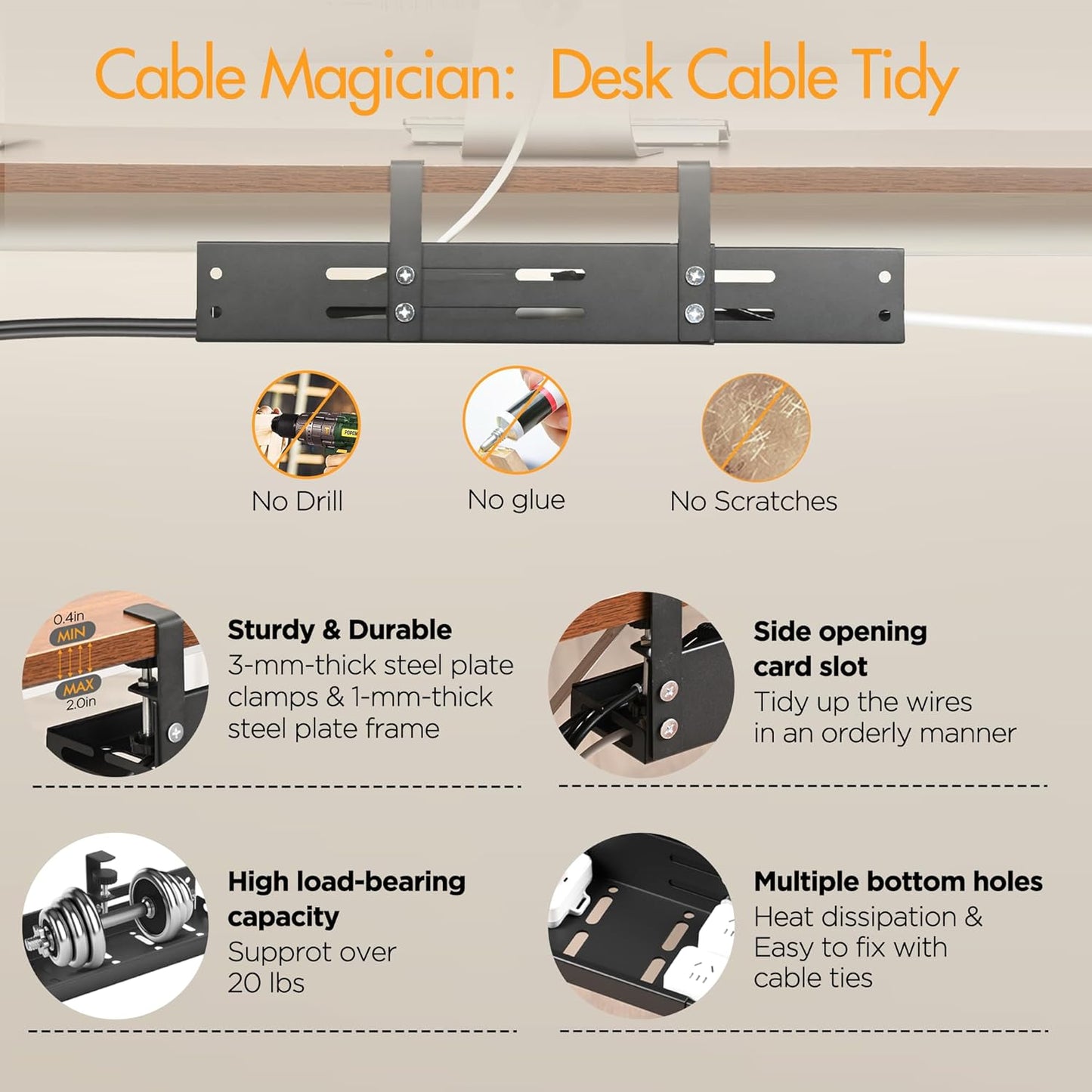 No Drill Under Desk Cable Management Tray, 17"-30" Retractable Long Cable Tray with Clamp Mount, Metal Cord Organizer, Support 50 lbs+, Wire Management Basket for Home Office, Black