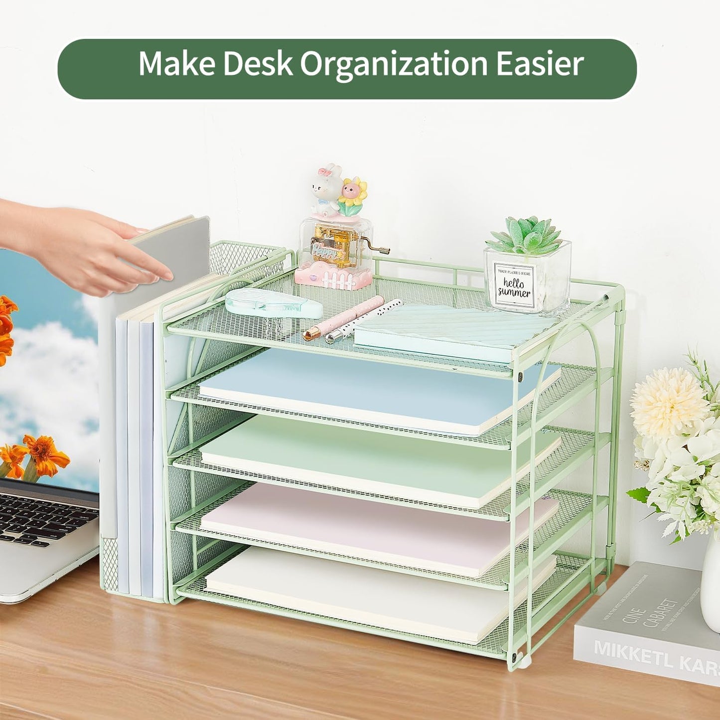AUPSEN Green Desk Accessories Organizer,5-Tier Letter Tray Paper Organizer with Adjustable File Holder, Desktop Office Desk Accessories for Office Supplies
