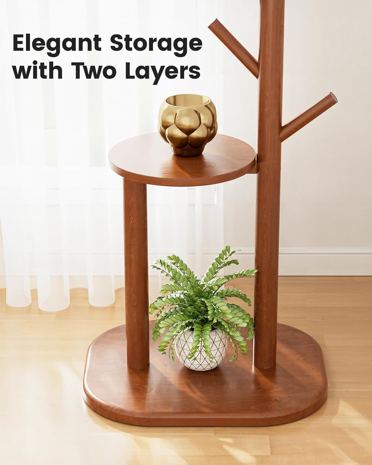 Pipishell Coat Rack, Freestanding Hall Tree with 8 Hooks & Storage Shelf, Solid Wood Base, 66.3″ Tall Coat Rack Stand for Coats, Hats, Bag in Entryway, Bedroom, Living Room, Brown, PIFCR11BN