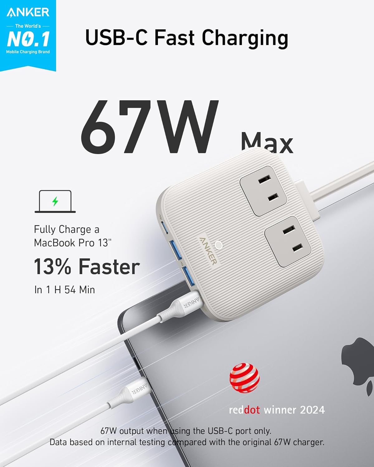 Anker Nano Charging Station(67W Max), 6-in-1 USB-C Power Strip for iPhone 16/15&MacBook, with Flat Plug and 5ft Thin Undetachable Extension Cord, 2 AC Outlet, 4 USB Ports, 2 USB-C,for Home & Office