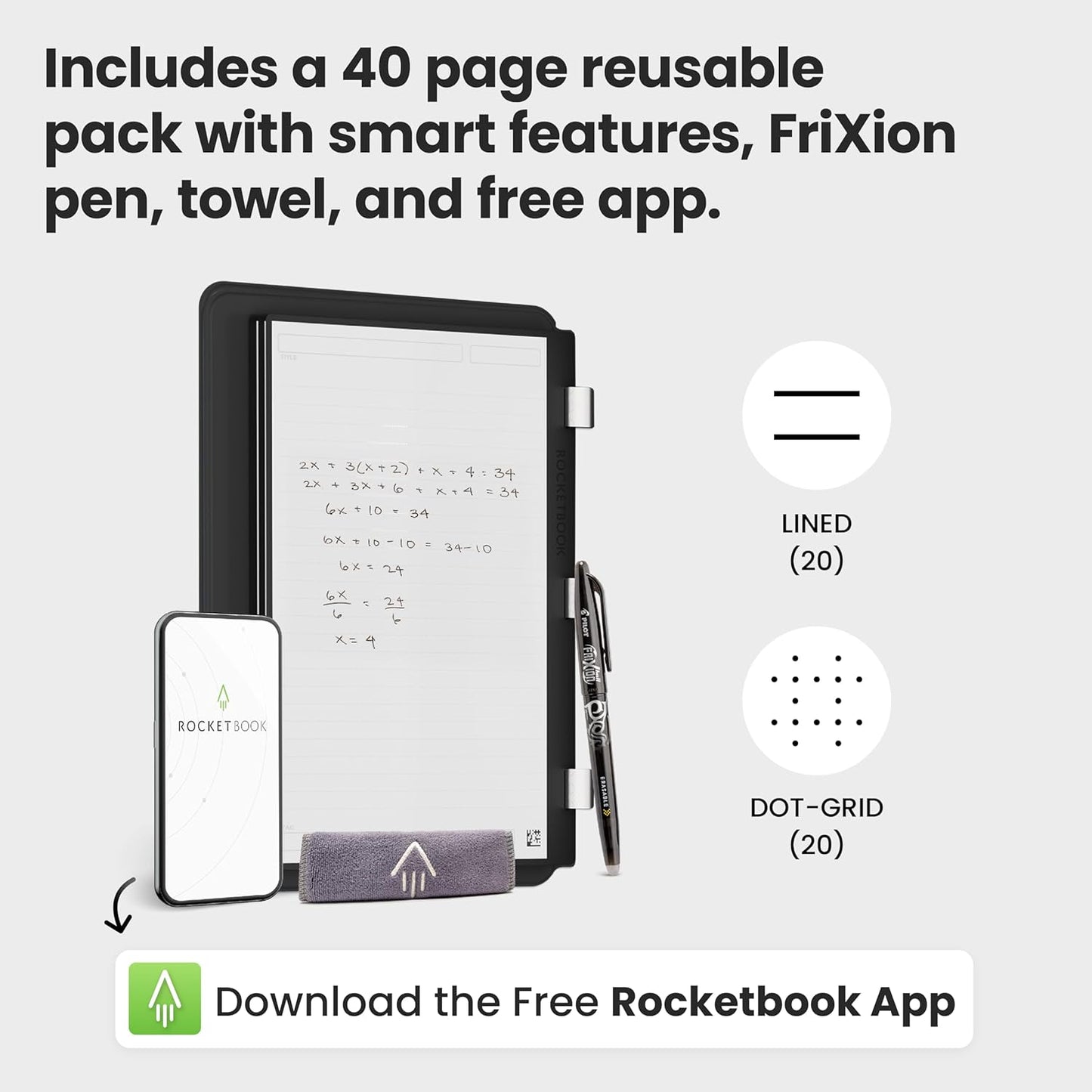 Rocketbook Pro 2.0 Reusable Professional Smart Notebook, Executive Size 7x9, Black - Lined & Dot Grid Pages, App-Connected, Erasable, Premium Cover, Ideal for Work Notes and Business Meetings