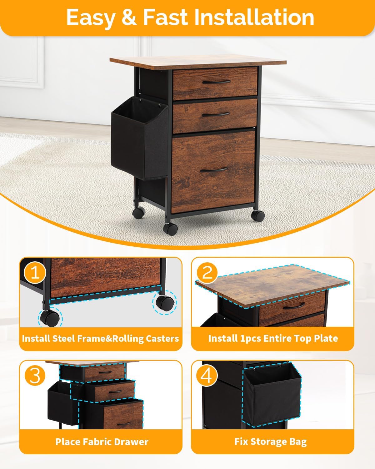 KATHY&BOB Printer Stand with 3 Fabric Drawer, Mobile File Cabinet for Home Office with Storage Bag, Rolling Under Desk Organizer Shelf, Fits A4 or Letter Size, Complete Top Plate Fast Assembly