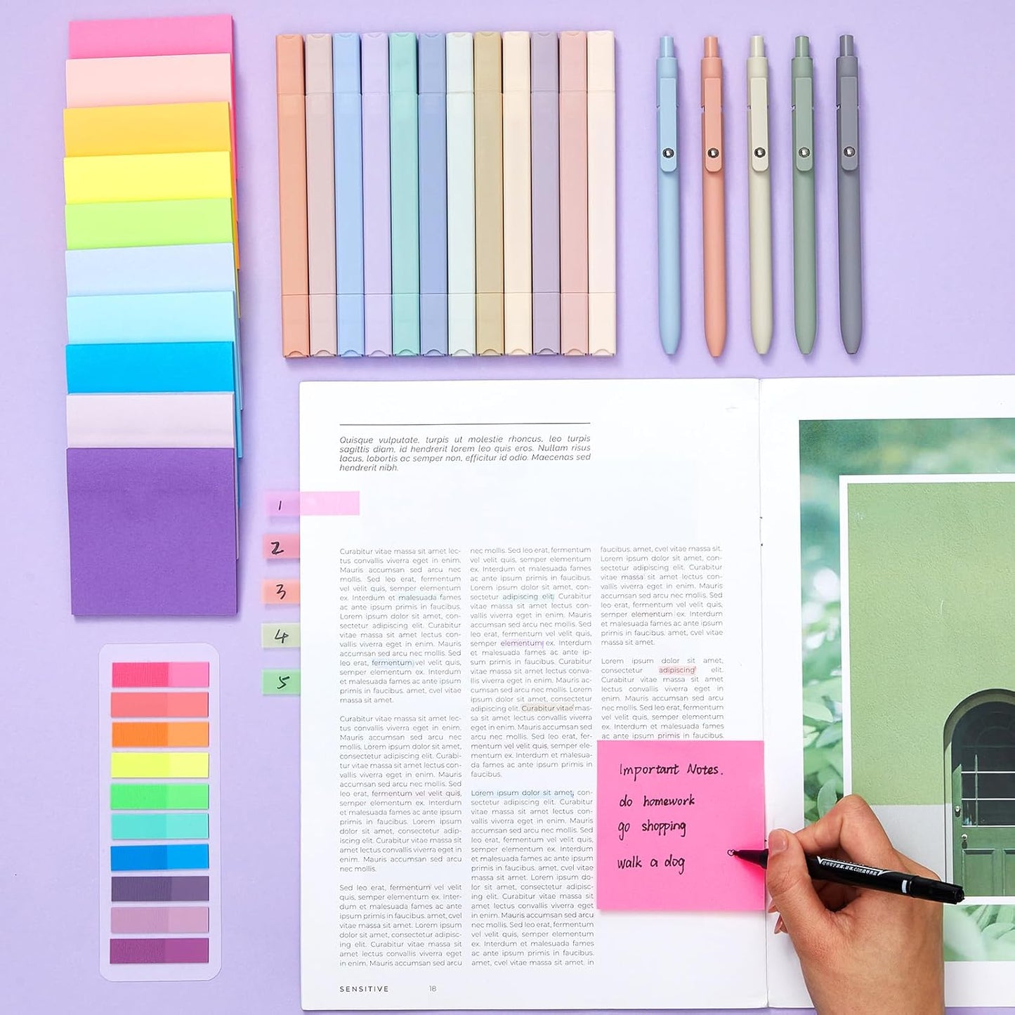 Jutom 38 Pcs Book Annotation Kit Aesthetic Highlighters Gel Pens Set Sticky Notes Tabs Markers Dual Ended Highlighter Quick Dry Ink Pens for Office Annotating Books(Rainbow,Square)