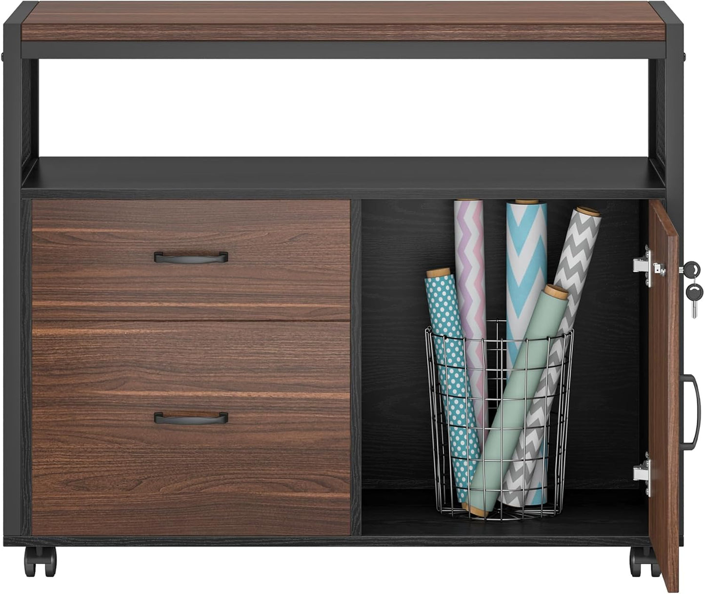 Tribesigns Modern File Cabinet with Drawers for Letter-Sized File and Door, Lockable lateral Filing Cabinet Printer Stand with Storage Shelves and with Rolling Caster for Home Office (Dark Walnut)